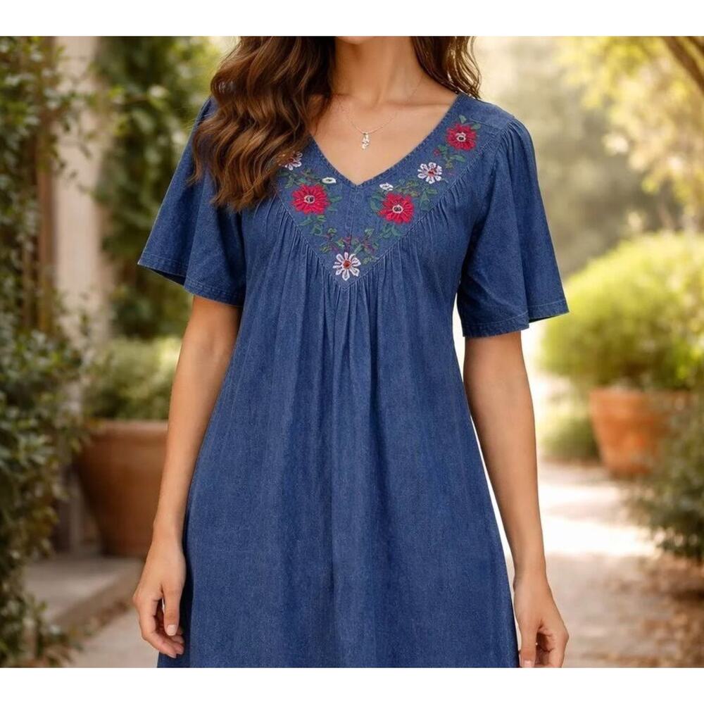 COUNTRY STORE Denim Dress Medium Wash 2XL Midi Embroidered V-Neck Cottage Trad